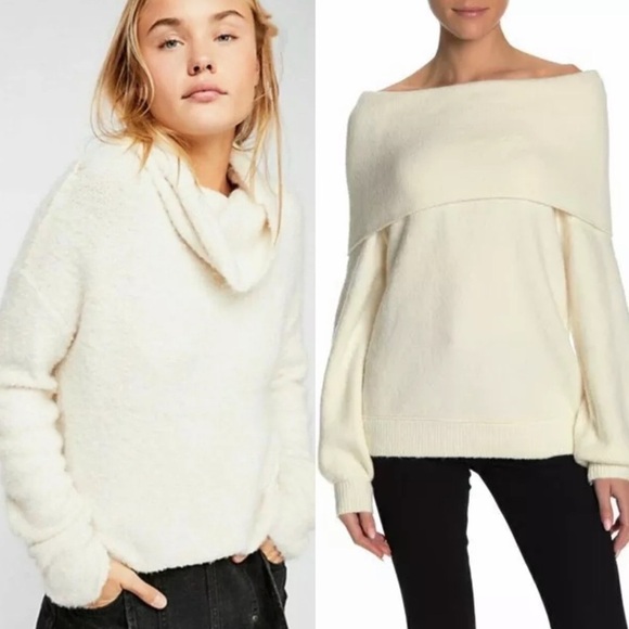 Free People Echo Beach Knit Fold Over Turtleneck Cowl Soft Sweater Ivory Size XS - Picture 1 of 11